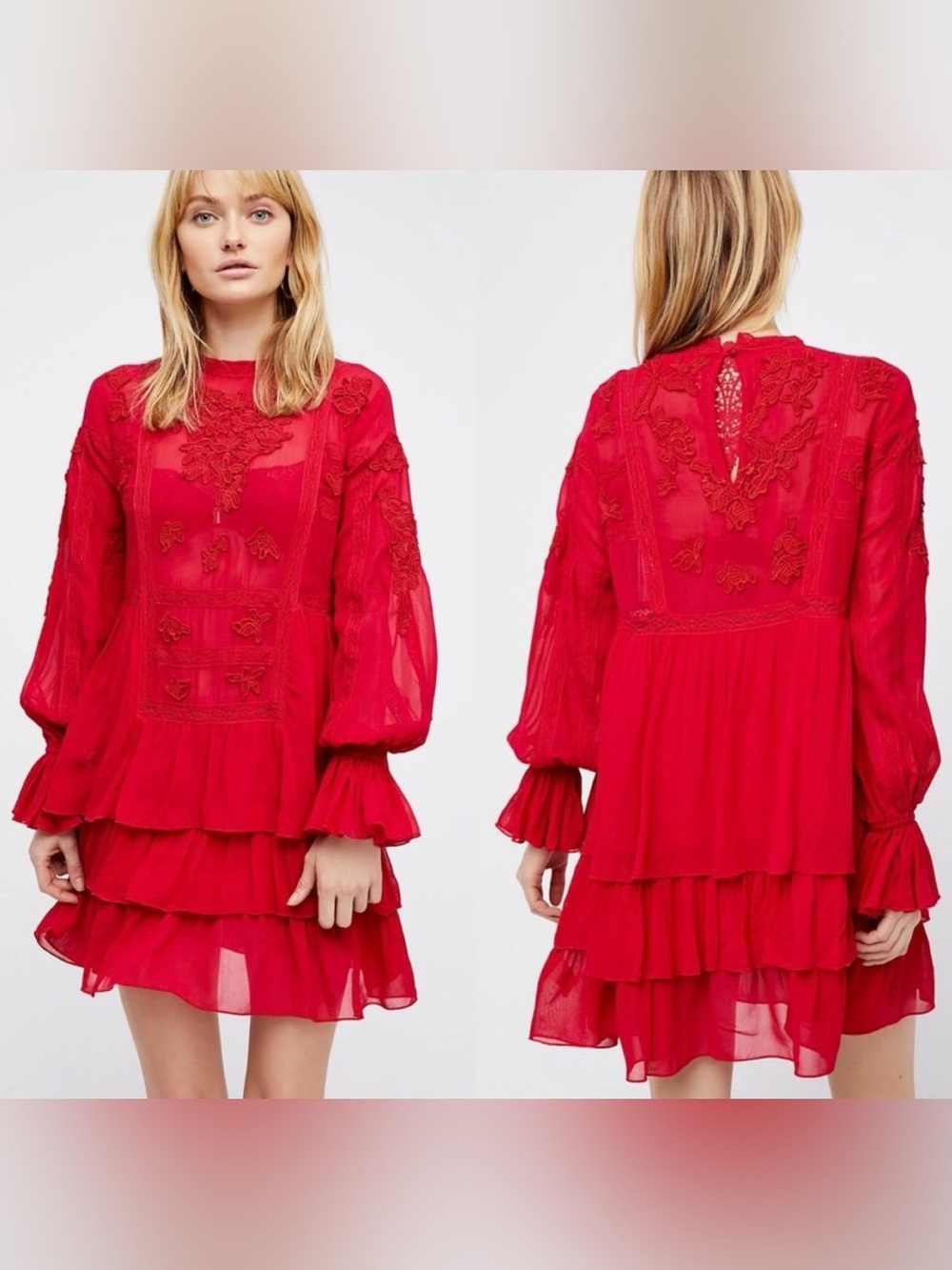 Free People Red Embroidered Tiered Mini Dress XS NWOT